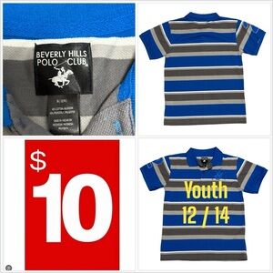 Boys Beverly Hills Polo Club Large 12 - 14 Youth Top Tee Stripes Blue Gray NWOT